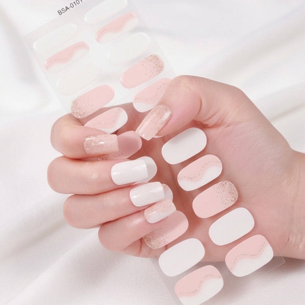 Láminas de Uñas en Gel Blanco - Rosa con detalles Dorados