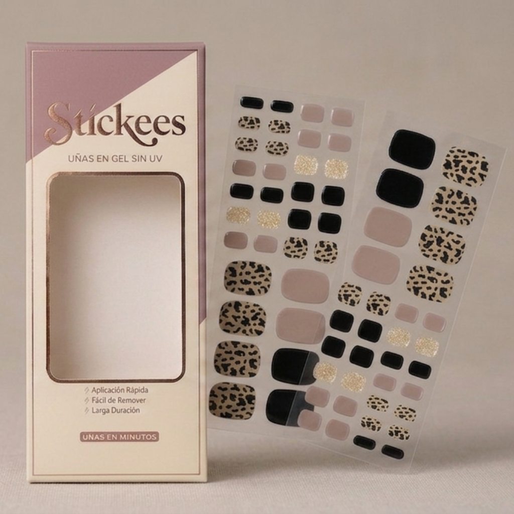 Láminas de Uñas Pies en Gel Leopardo negro- nude y dorado