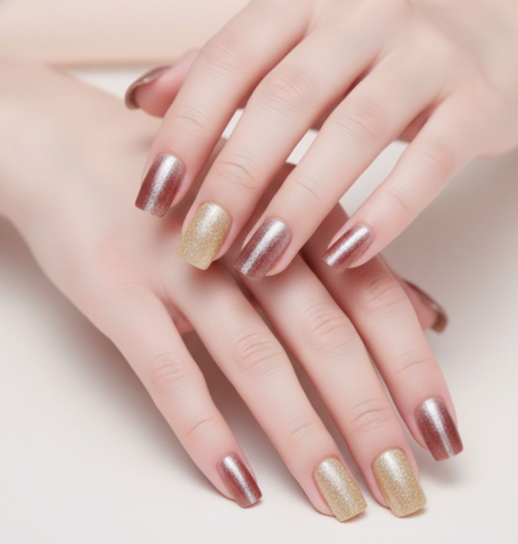 Láminas de Uñas en Gel Rojo vino con glitter dorado efecto Ojo de gato