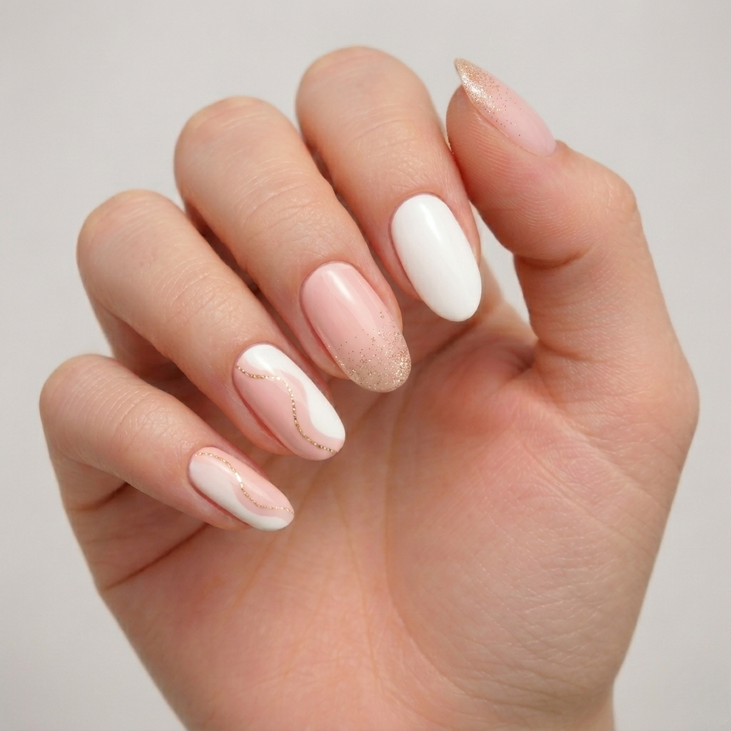 Kit Láminas en Gel Marfil diseño Terrazzo + Blanco - Rosa con detalles Dorados + Aceite de cutícula