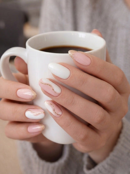 Láminas de Uñas en Gel Blanco - Rosa con detalles Dorados