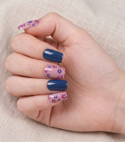 Kit Láminas de Uñas en Gel Azul Marino Flores + Rosa