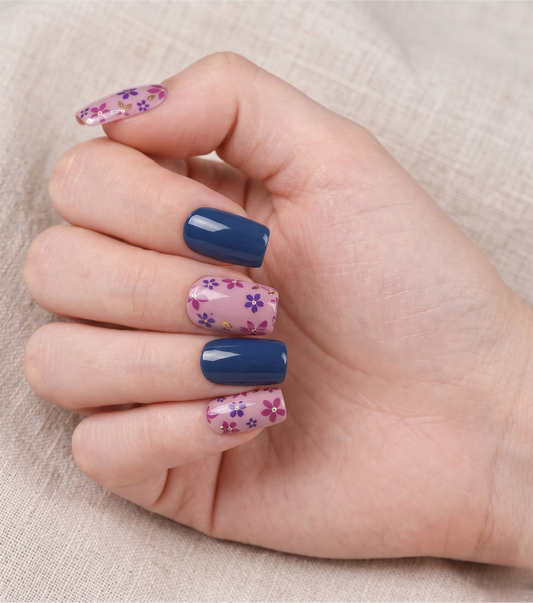 Kit Láminas de Uñas en Gel Azul Marino Flores + Rosa