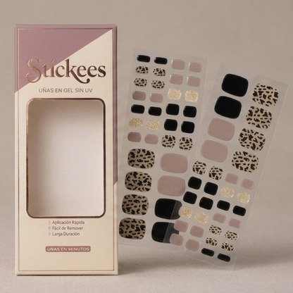 Láminas de Uñas Pies en Gel Leopardo negro- nude y dorado