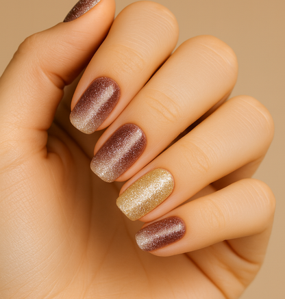 Láminas de Uñas en Gel Rojo vino con glitter dorado efecto Ojo de gato