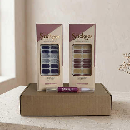 Kit Láminas en Gel Azul índigo con brillo + Rojo vino con glitter dorado efecto Ojo de gato + Aceite de cutícula