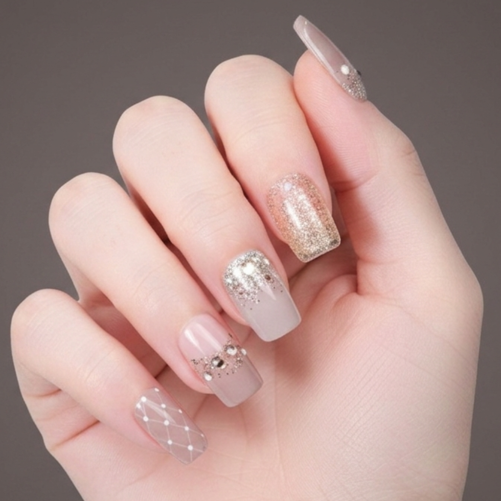 Láminas de Uñas en Gel Nude con cristales / brillos