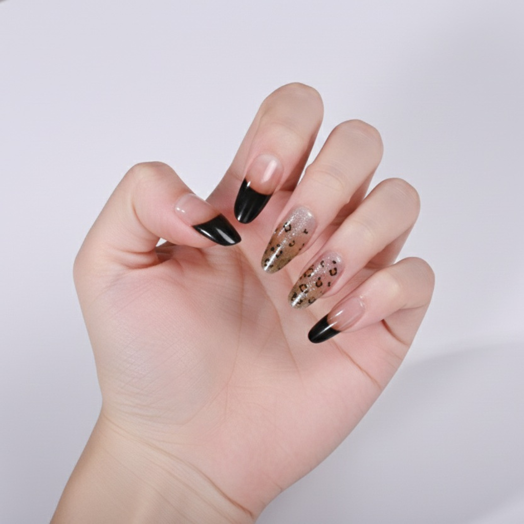 Láminas de Uñas en Gel Negro con leopardo Efecto Ojo de gato half & half