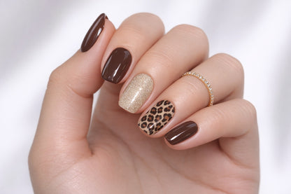 Láminas de Uñas en Gel Leopardo con café y dorado
