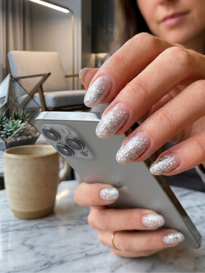 Láminas de Uñas en Gel Plateado escarchado degradé