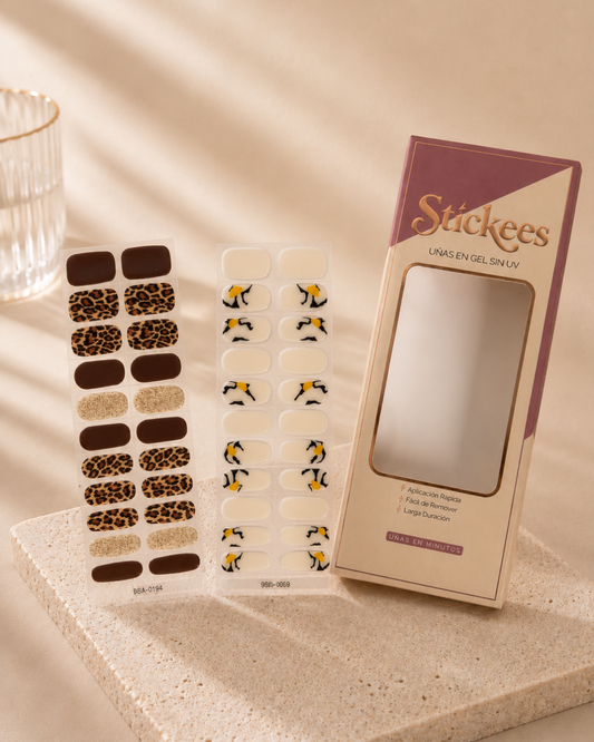 Kit DUO Láminas de Uñas en Gel Leopardo con café y dorado + Marfil diseño Terrazzo