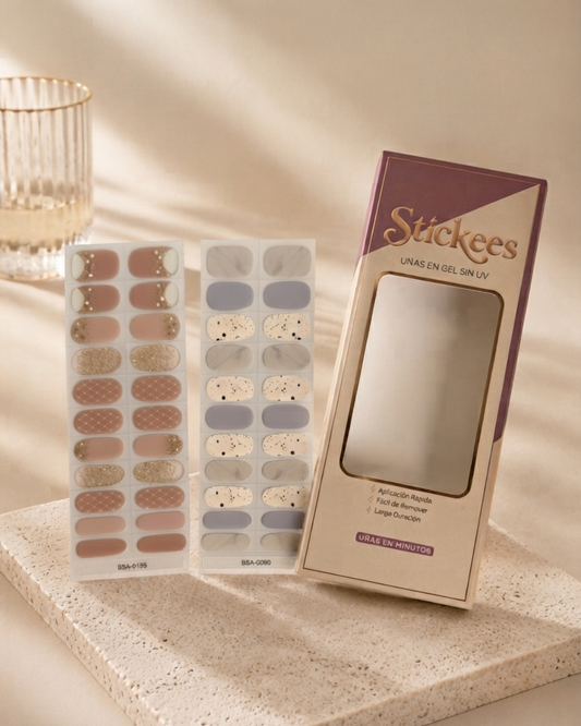 Kit DUO Láminas de Uñas en Gel Nude con cristales / brillos + Azul / gris con speckles