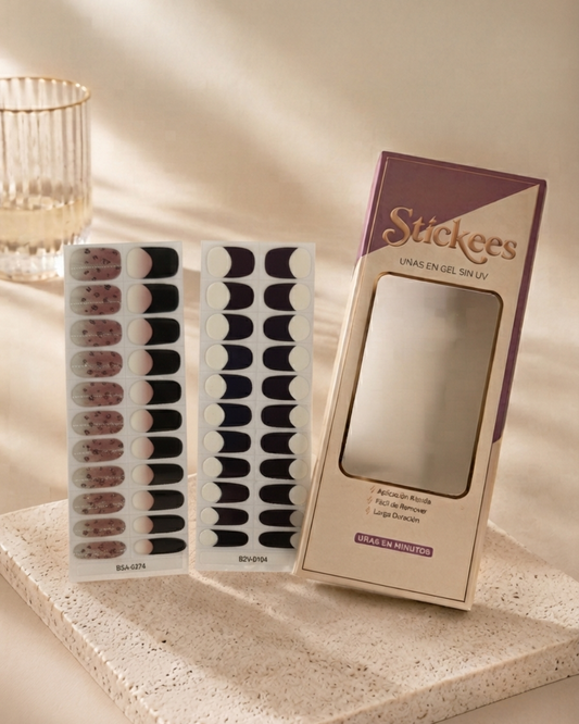 Kit DUO Láminas de Uñas en Gel  Negro con leopardo Efecto Ojo de gato half & half + Francés Negro