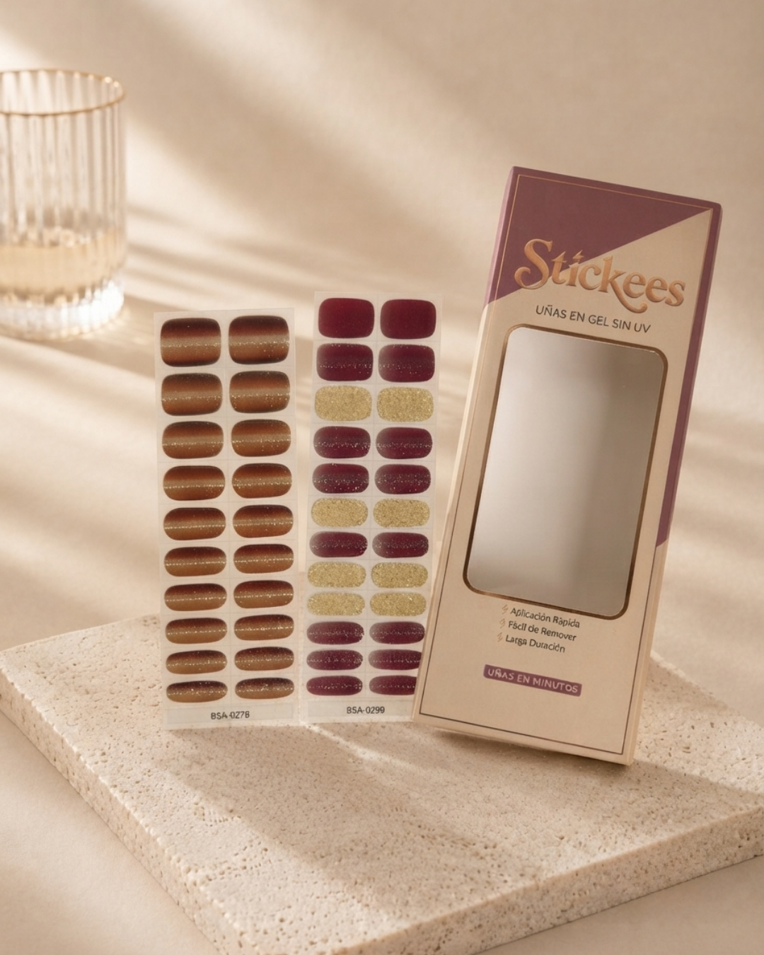 Kit DUO Láminas de Uñas en Gel Cobre metálico + Rojo vino con glitter dorado efecto Ojo de gato