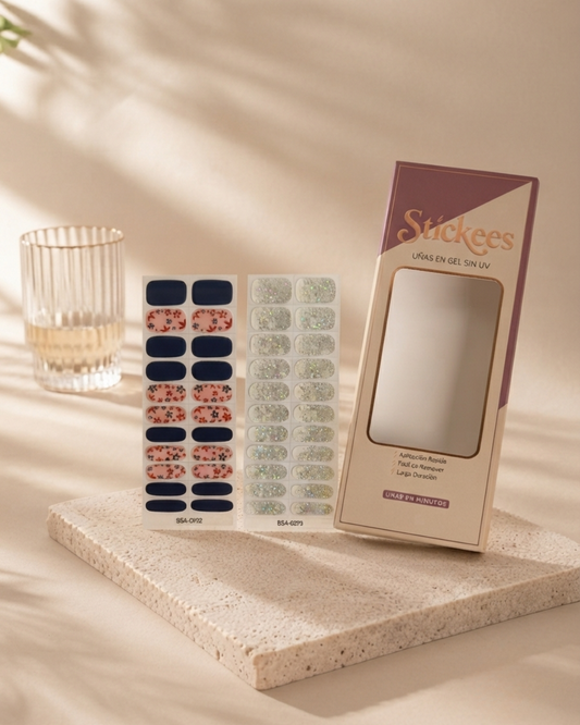 Kit DUO Láminas de Uñas en Gel Azul marino con flores + Plateado escarchado degradé