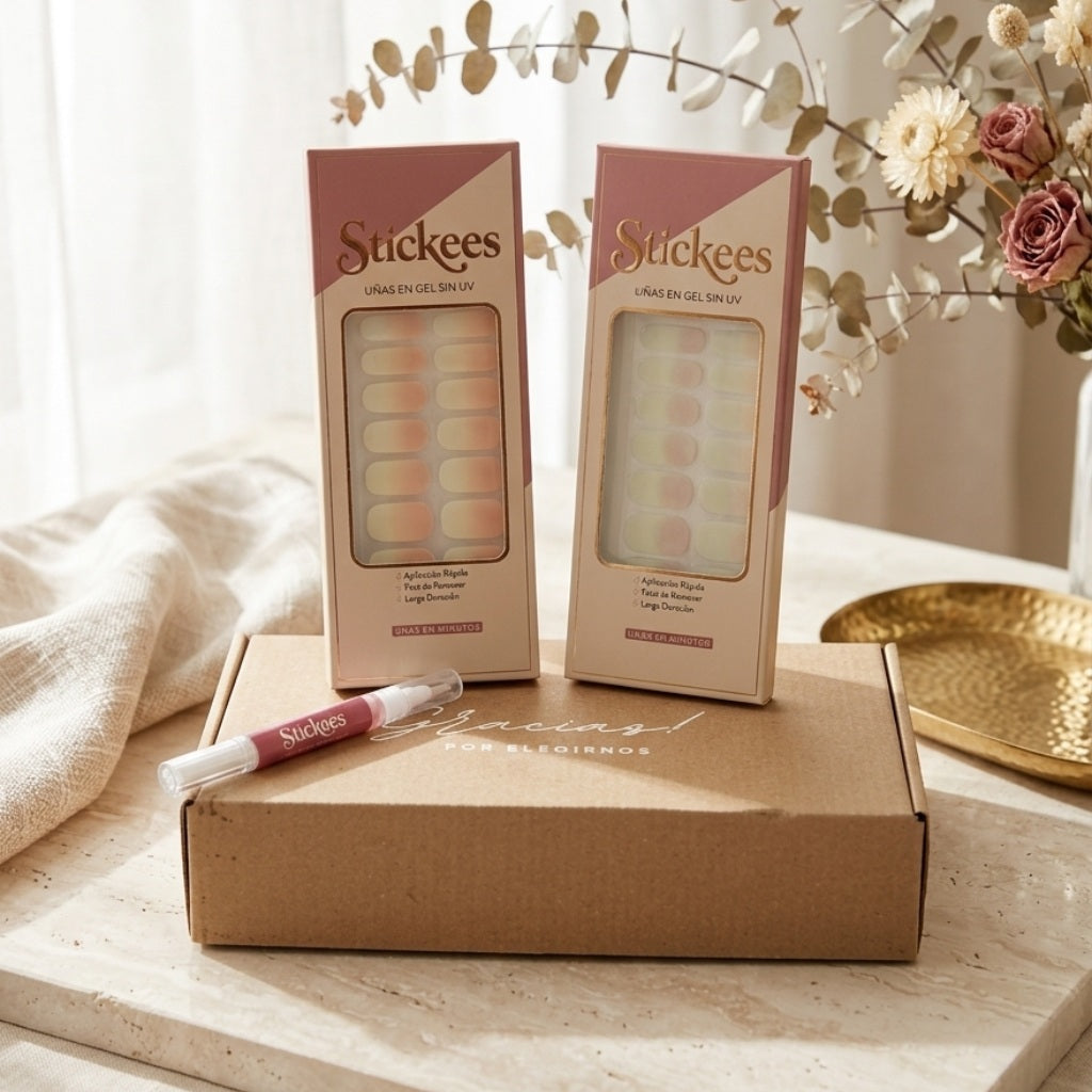 Kit Láminas en Gel Rosa degradé blanco + Geométrico suave + Aceite de cutícula