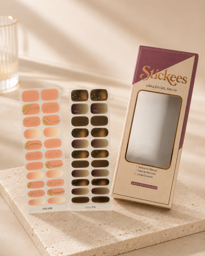 Kit DUO Láminas de Uñas en Gel Salmón con ondas Dorado + Taupe degradé con brillo