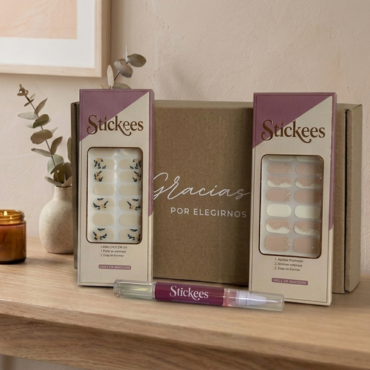 Kit Láminas en Gel Marfil diseño Terrazzo + Blanco - Rosa con detalles Dorados + Aceite de cutícula