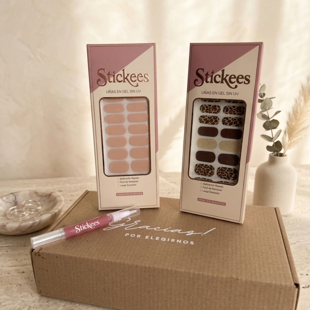 Kit Láminas en Gel Nude + Leopardo con café y dorado + Aceite de cutícula
